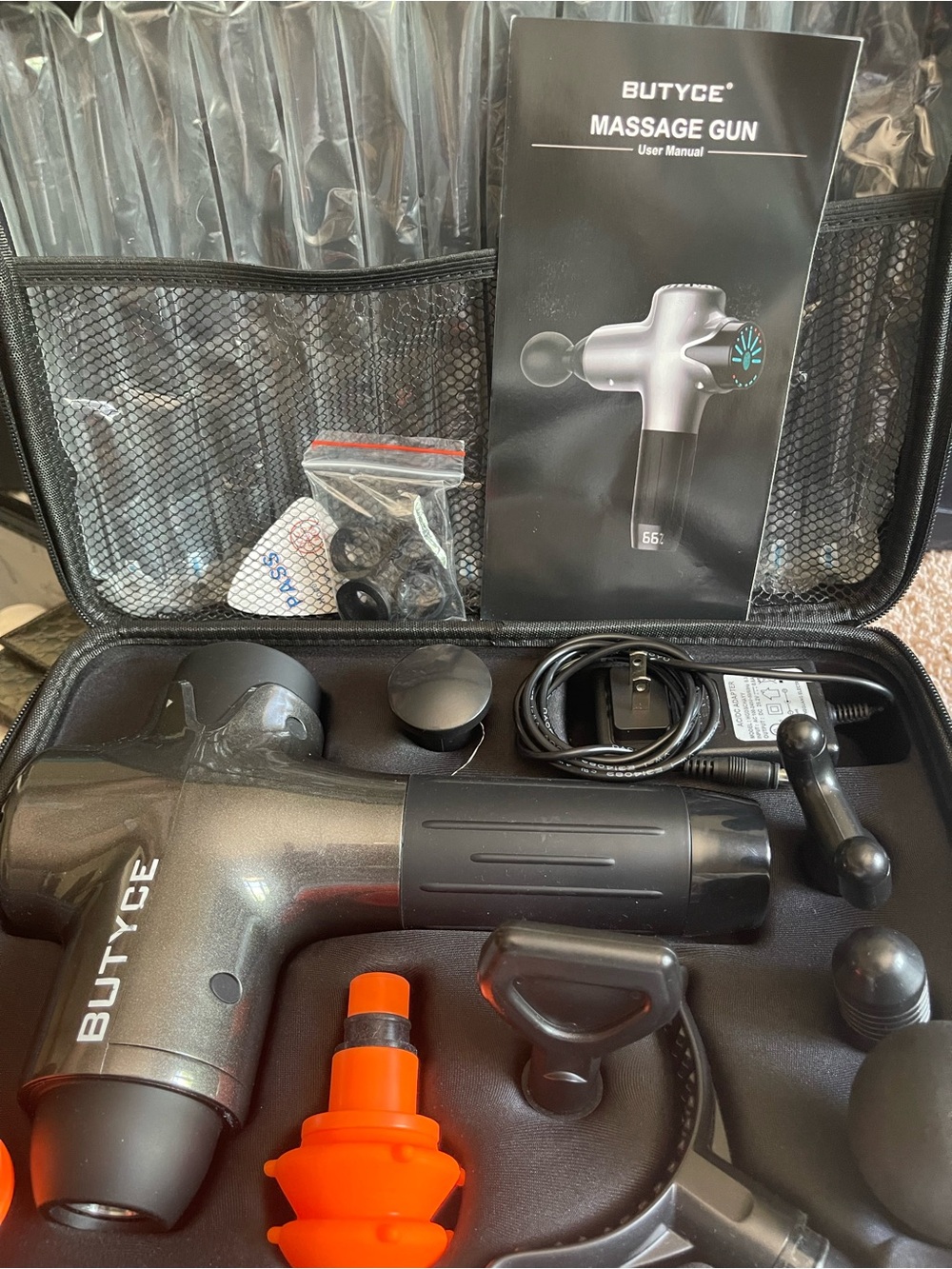 BUTYCE Deep Tissue Massage Gun - Metallic Gray with Orange Attachments